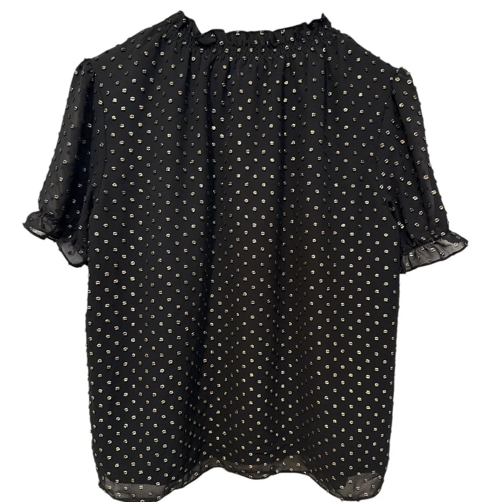 J.Crew‎ Black Gold Metallic Polka Dot Ruffle Neck Puff Sleeve Blouse Sz S